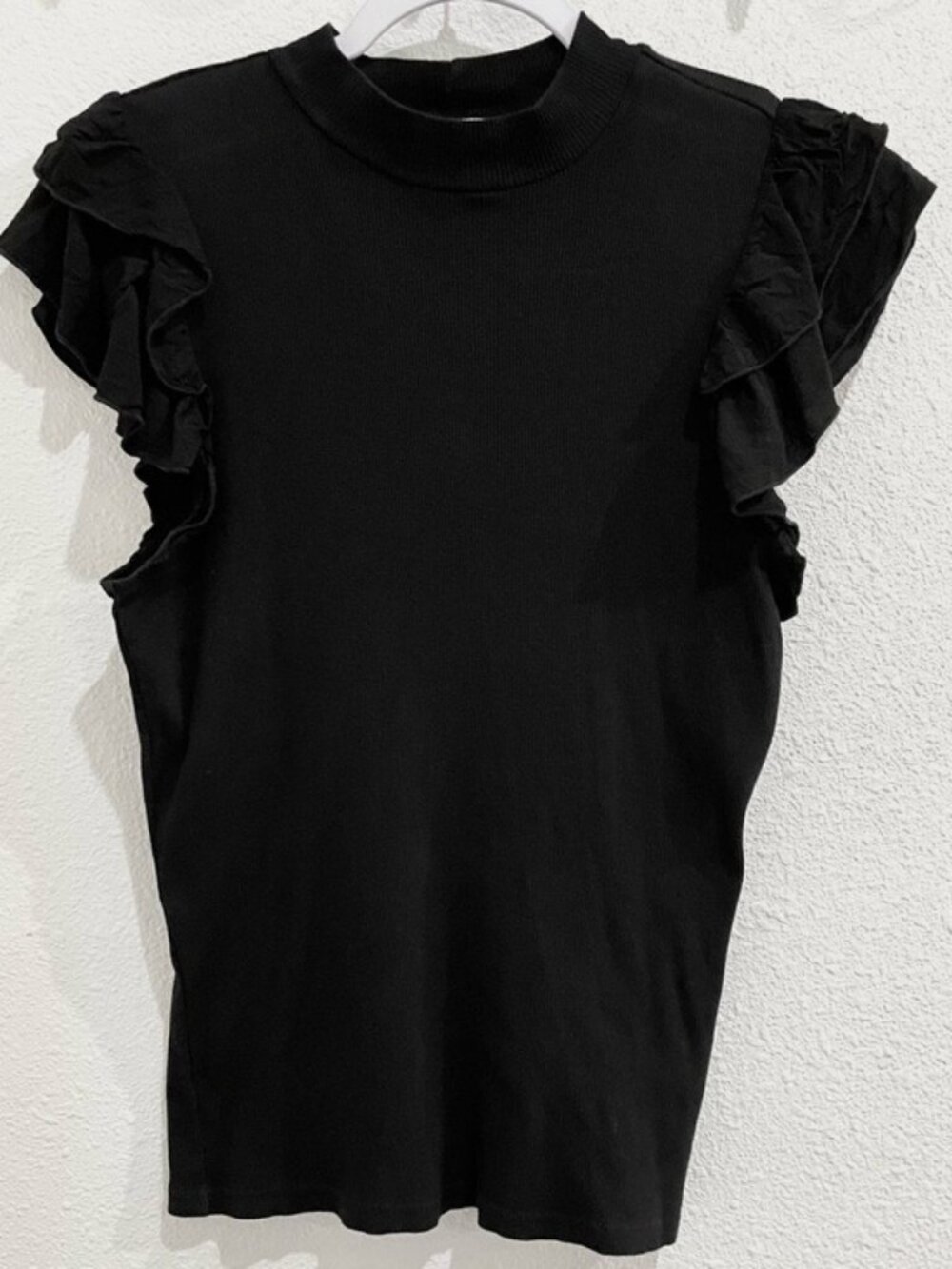 Anthropologie Ribbed Mock Neck Top Ruffle Sleeve Essential Black